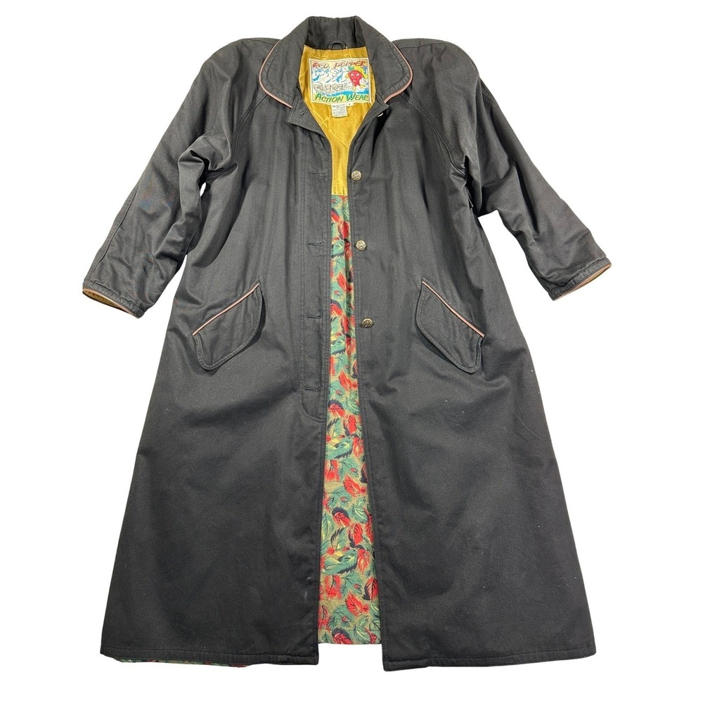 Vtg Red Pepper Action Wear Duster Coat S Black Floral Lined Boho Retro Jacket - Picture 5 of 16